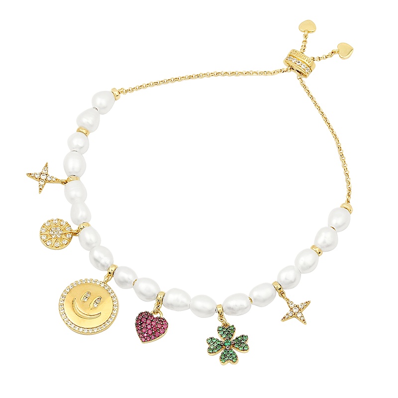 APM Monaco幸运符珍珠手链 时尚新轻奢笑脸四叶草手腕链七夕送女友礼物