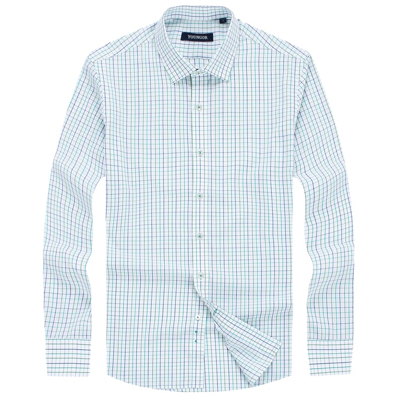 Youngor/雅戈尔男士商务正装春季绿色格子长袖衬衫100035