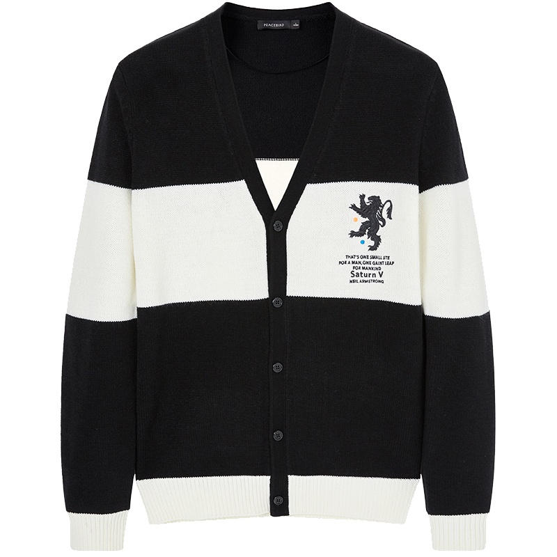 太平鸟男装秋季新款男士青年黑白撞色V领毛开衫创意刺绣毛衣外套