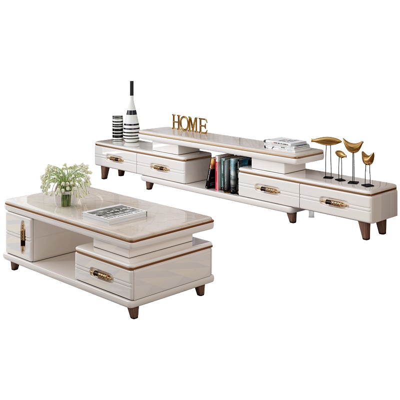 趣阁木业 大理石茶几电视柜组合 简约现代客厅家具钢化玻璃茶几套装 可伸缩烤漆电视机柜 可储物柜地柜