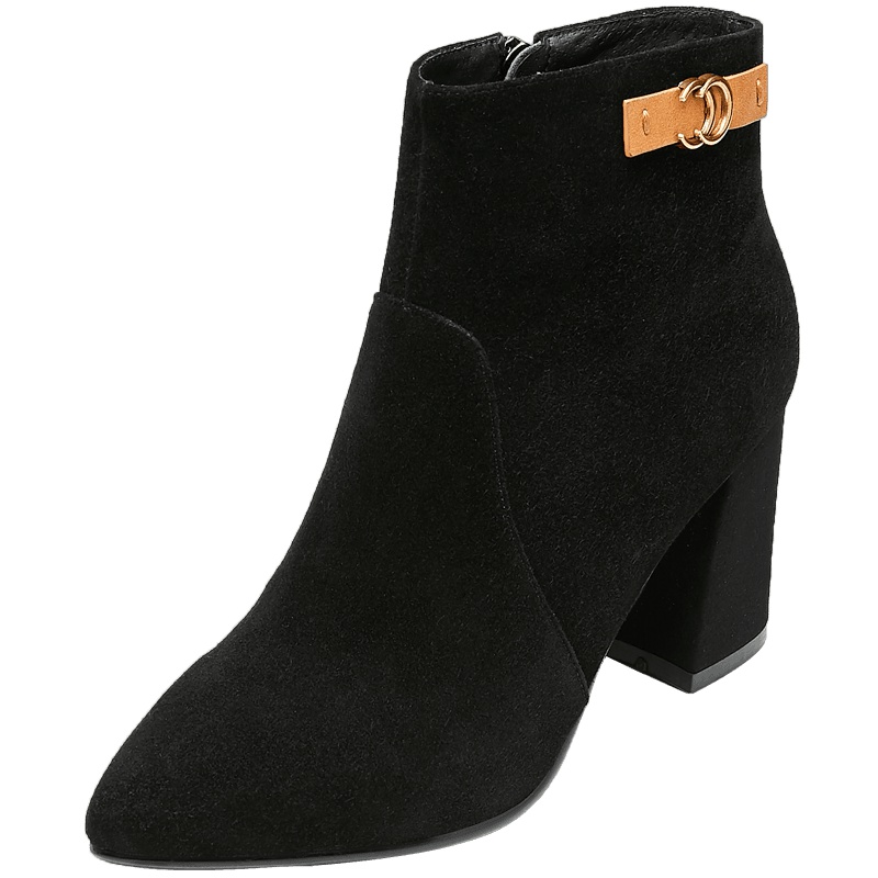 康奈女鞋 冬季尖头拼色侧拉链粗跟短靴女时尚百搭时装靴1278914