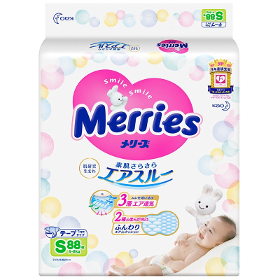 [效期至23年12月]花王Merries小号婴儿纸尿裤S88片(S码增量装)