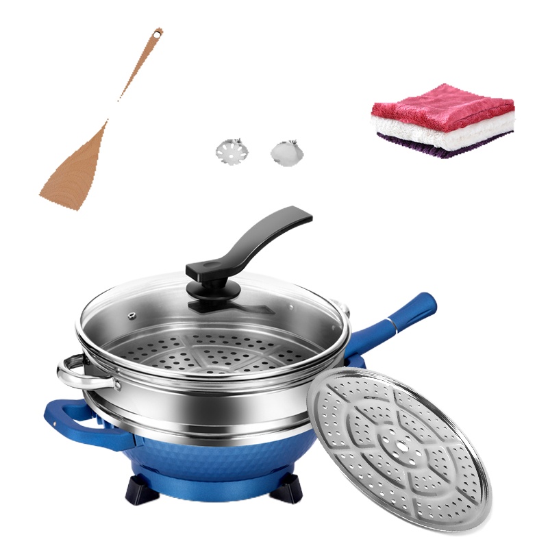 电炒锅电用炒锅家用多功能电热锅宿舍电炒菜煮饭蒸炖烤一体式电锅 蓝麦饭石+普通盖+礼包+蒸笼蒸片定制商品