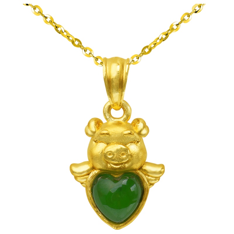 梦克拉 3d硬金足金金镶玉吊坠 生肖猪吊坠 猪猪天使