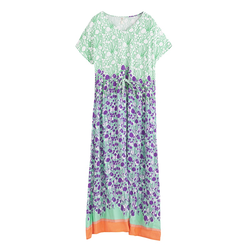 茵曼2019夏装新款粘纤套头V领蝙蝠袖宽松印花抽绳休闲连衣裙女