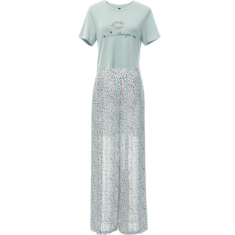 欧昵雪夏季宽松字母短袖T恤女直筒印花开叉阔腿裤两件套