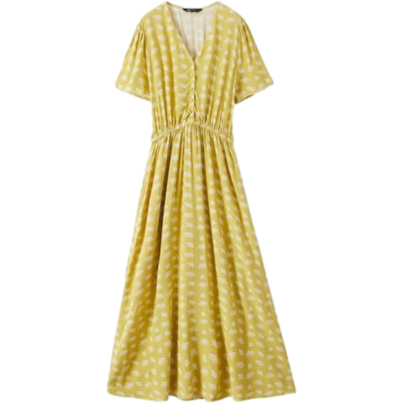 拉夏贝尔2021夏季新款连衣裙女长款大摆韩版碎花v领高腰松紧腰