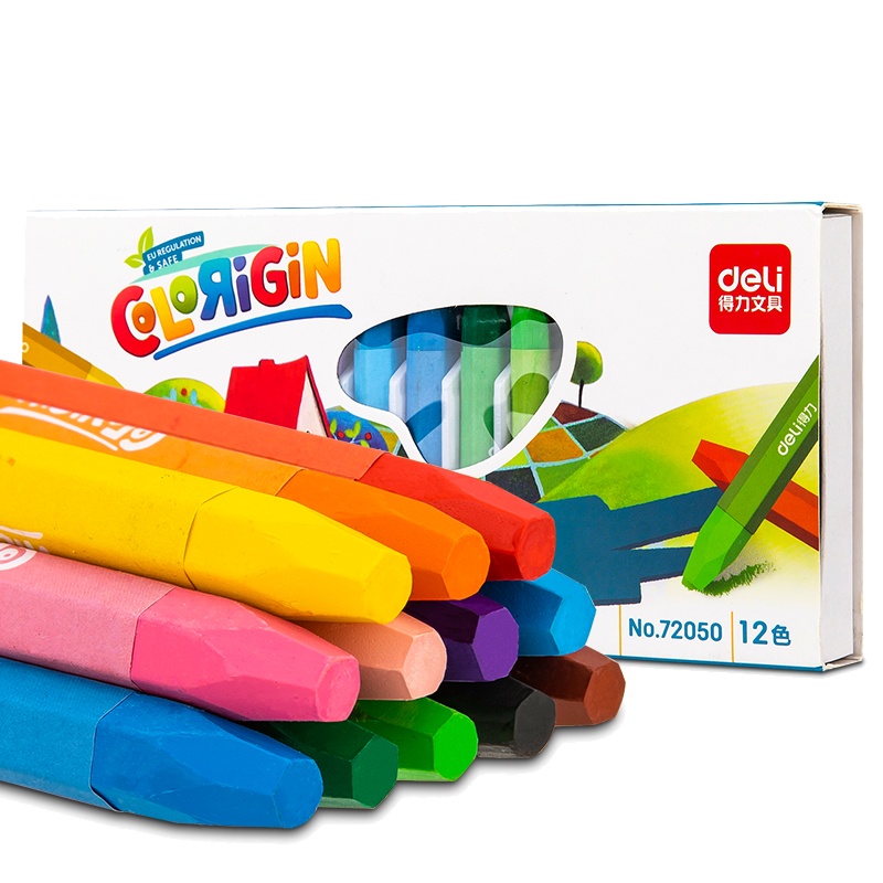 得力画笔小学生美术绘画涂色油画棒盒装带手提收纳水溶12色幼儿园安全无毒可水洗画画蜡笔72050油画笔彩绘棒