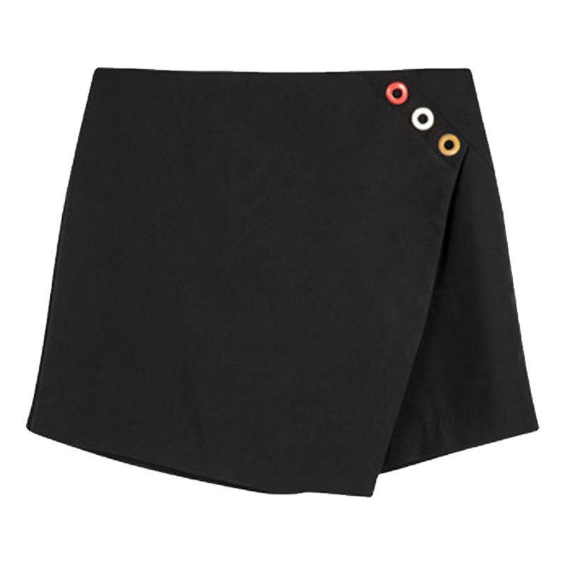 【专柜同款】拉夏贝尔高腰休闲短裤女夏季新款不对称直筒韩版通勤扣子薄显瘦裤子10017709 黑色 S