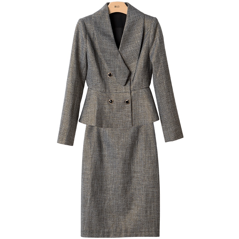 晚白2020冬季新品名媛两件套西装外套高腰包臀裙通勤时尚套装女