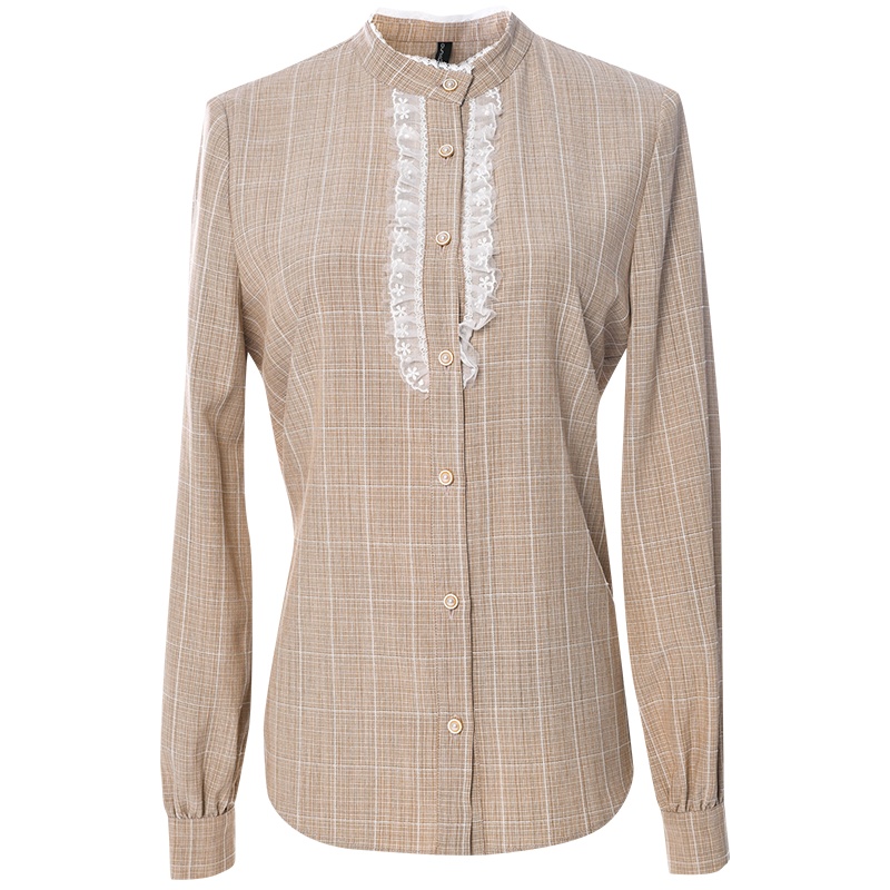 欧昵雪立领拼接花边直筒格子衬衫上衣女显瘦长袖衬衣