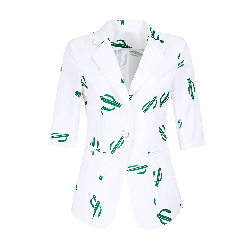 晚白2019夏季新品时尚优雅休闲百搭翻领印花常规款西装外套上衣女