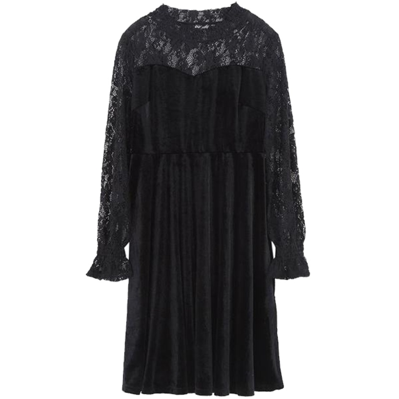 拉夏贝尔Y连衣裙女冬季新款秋高腰时尚百褶裙镂空圆领中长款裙子1T000920