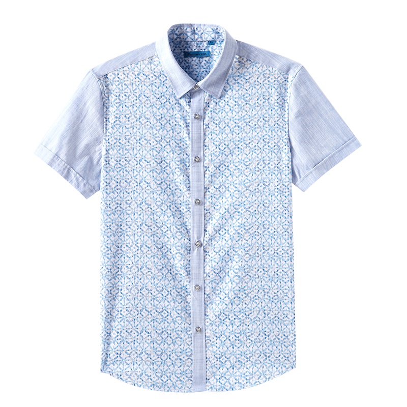 蒙蒂埃莫时尚雅致仿麻拼接印花修身衬衫