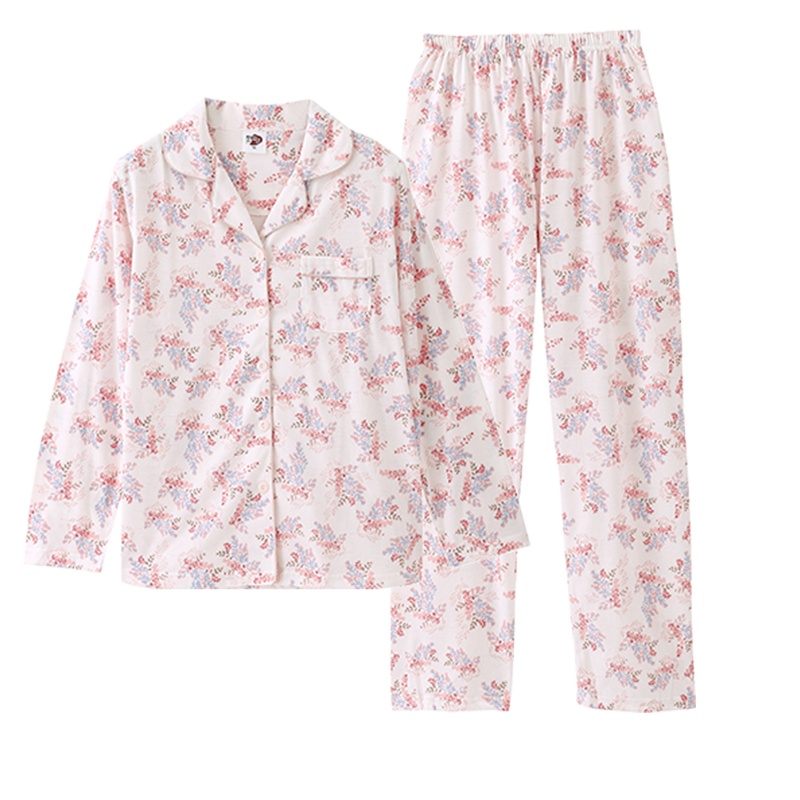 都市丽人清新植物印花薄款翻领长袖开衫棉质家居服女士睡衣1H9110