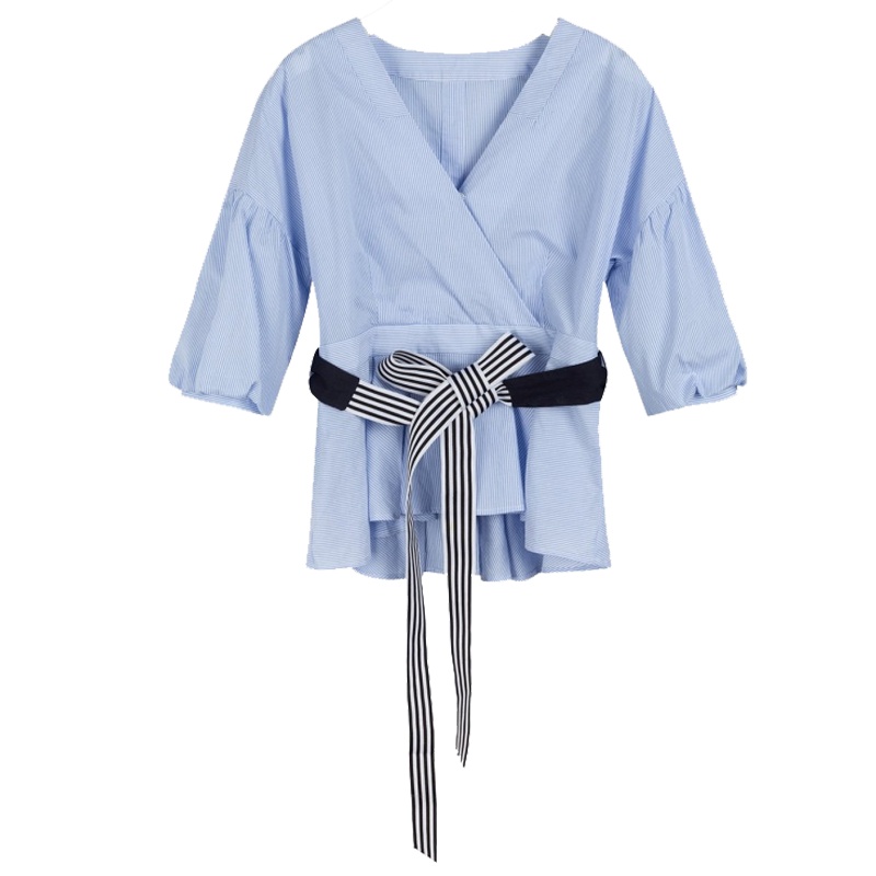 【专柜同款】拉夏贝尔夏女式v领衬衫衬衣韩版百搭潮收腰显瘦上衣