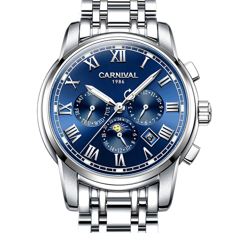 嘉年华Carnival手表男士全自动机械表 男表金属精钢休闲时尚日历日月星辰星期月份显示夜光防水时尚潮流腕表8723G