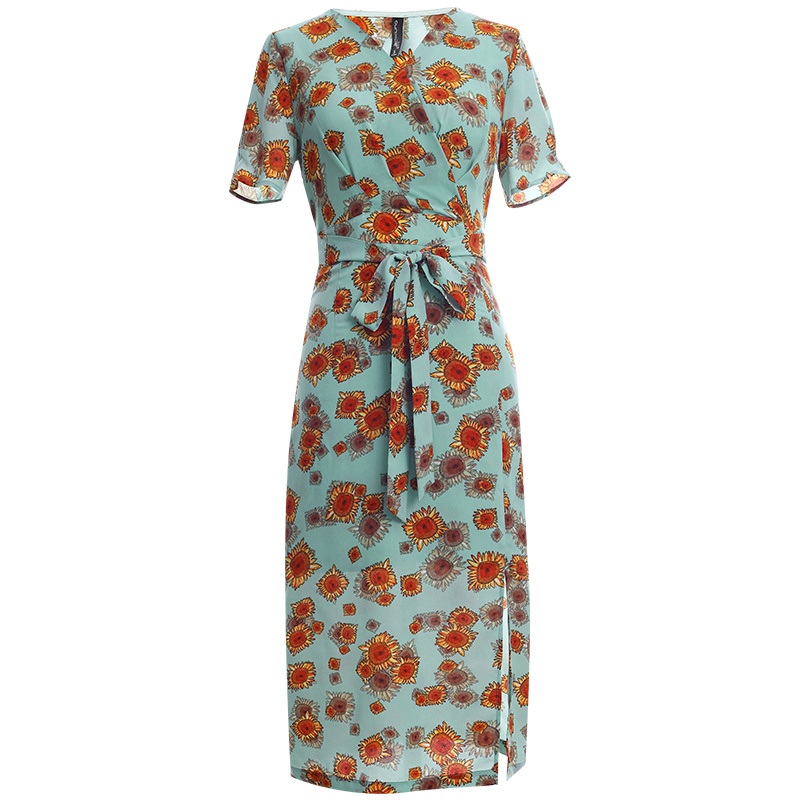 欧昵雪复古开叉雪纺裙优雅气质V领系带收腰印花连衣裙女