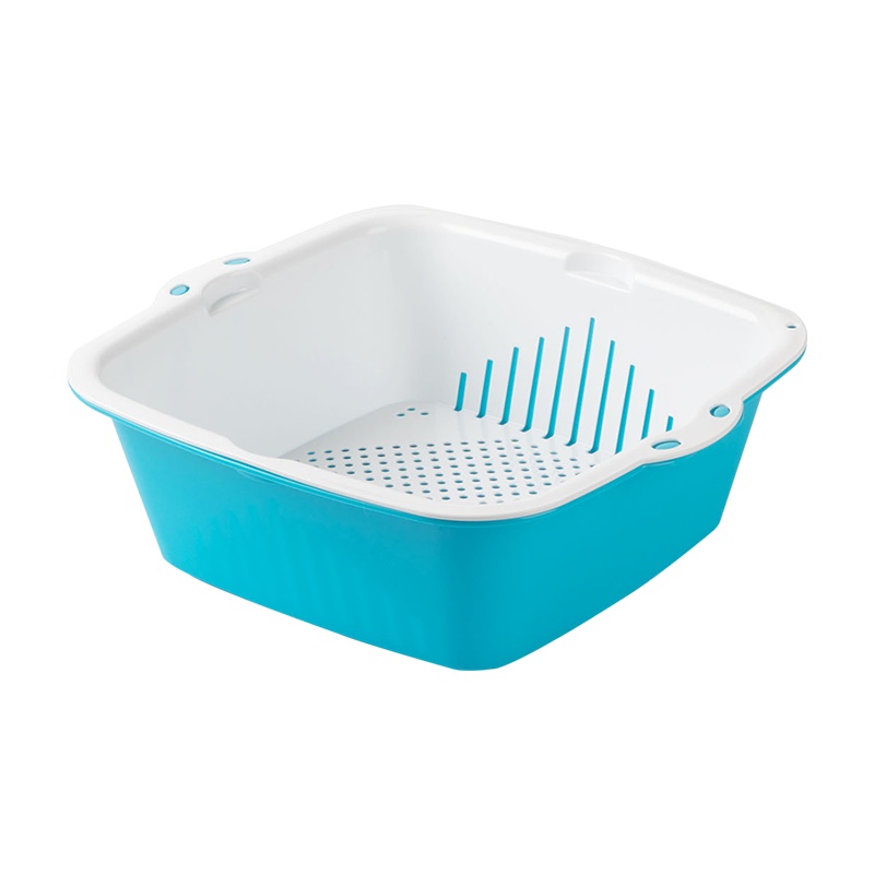 茶花沥水篮洗果篮塑料家用厨房沥水洗菜盆果盘水果篮洗菜筐菜篮子[方形]小号蓝色
