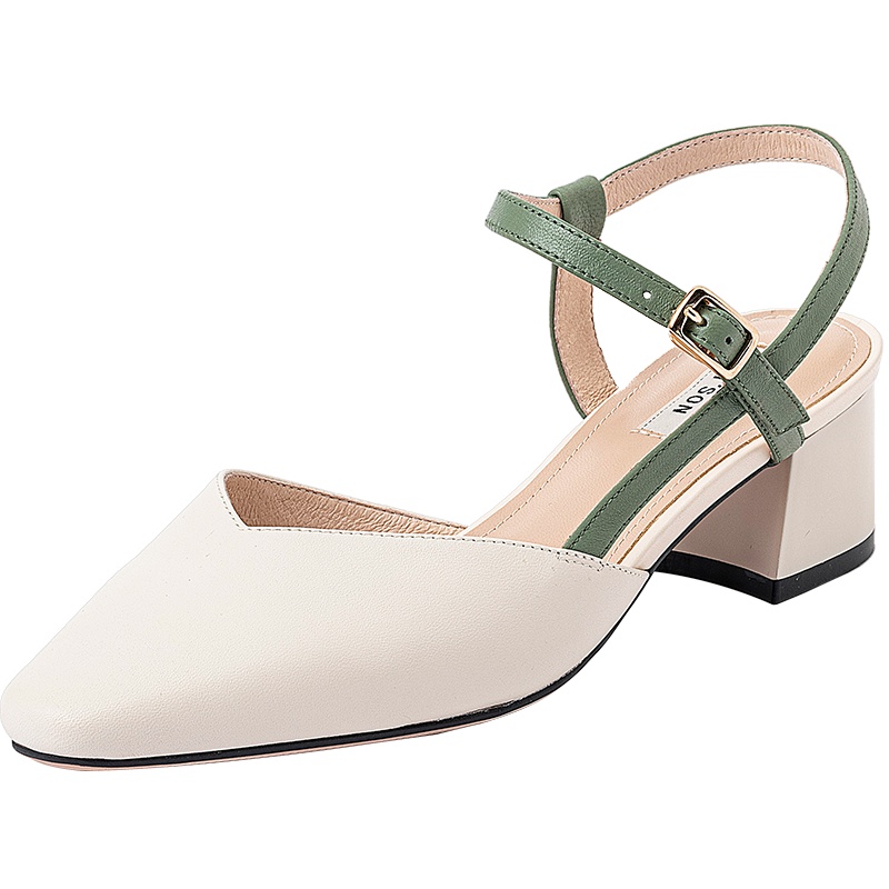 百田森新款包头凉鞋女粗跟时尚百搭撞色一字带仙女风高跟鞋