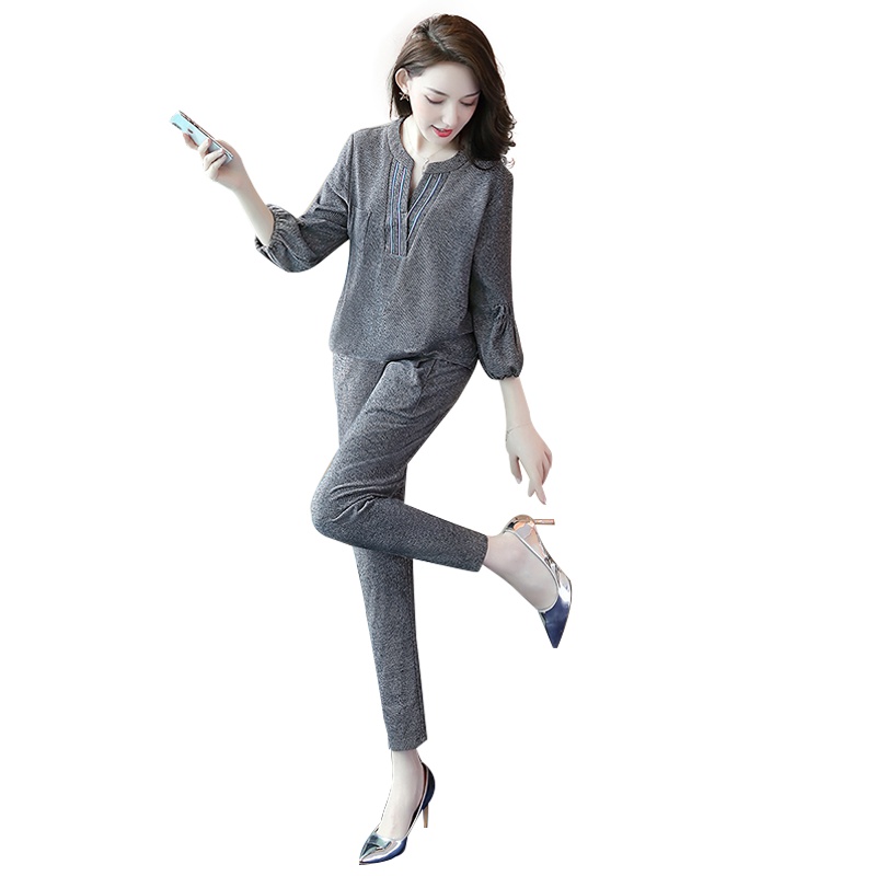 丝柏舍2019秋装女韩版灯笼袖上衣搭收腰休闲裤套装S93B4561N