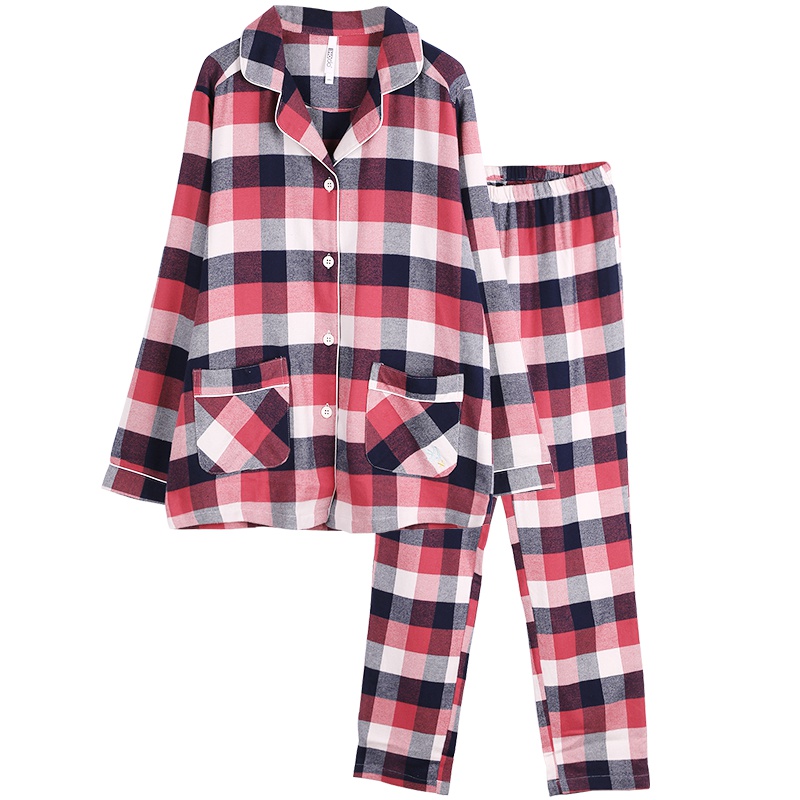 红豆HODO居家纯棉情侣经典格纹长袖磨毛睡衣春秋季男女士格子家居服