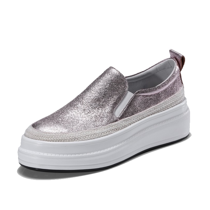 格瑞迪欧 懒人鞋女银色亮片真皮休闲内增高中跟亮片一脚蹬松紧乐福鞋女厚底64