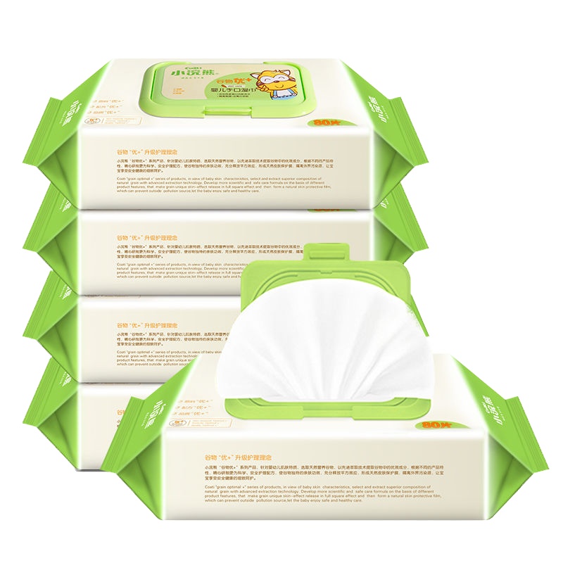 小浣熊湿巾婴儿纸带盖80抽手口婴儿湿巾新生儿宝宝儿童湿纸巾*5包