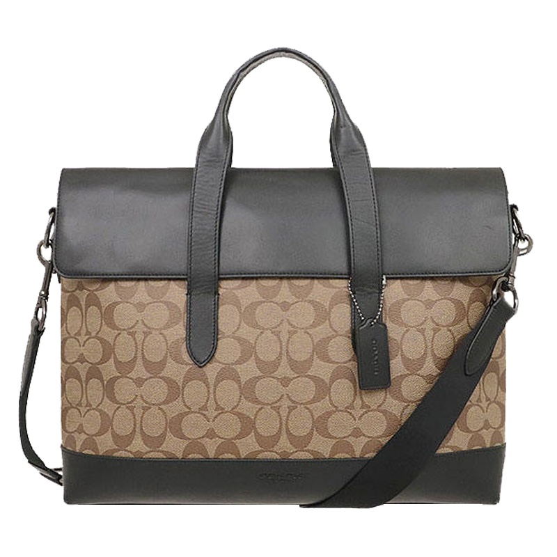 蔻驰(COACH) 男士HAMILTON 系列手拎公文电脑包斜挎包翻盖款 卡其印花拼黑色