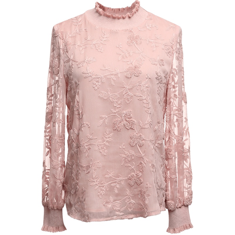 欧昵雪木耳边针织立领绣花洋气时尚小衫女长袖上衣