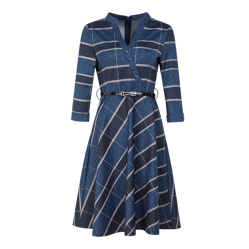 晩白 新款2019知性立领格子印花收腰显瘦A字摆中长款连衣裙女