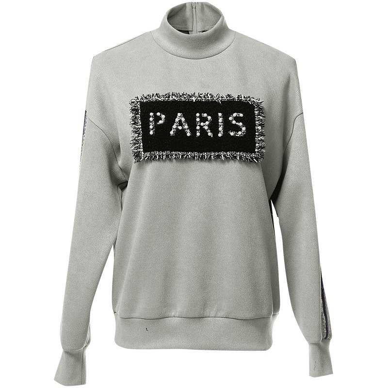 欧昵雪秋冬半高领落肩长袖字母贴布空气层卫衣女显瘦上衣