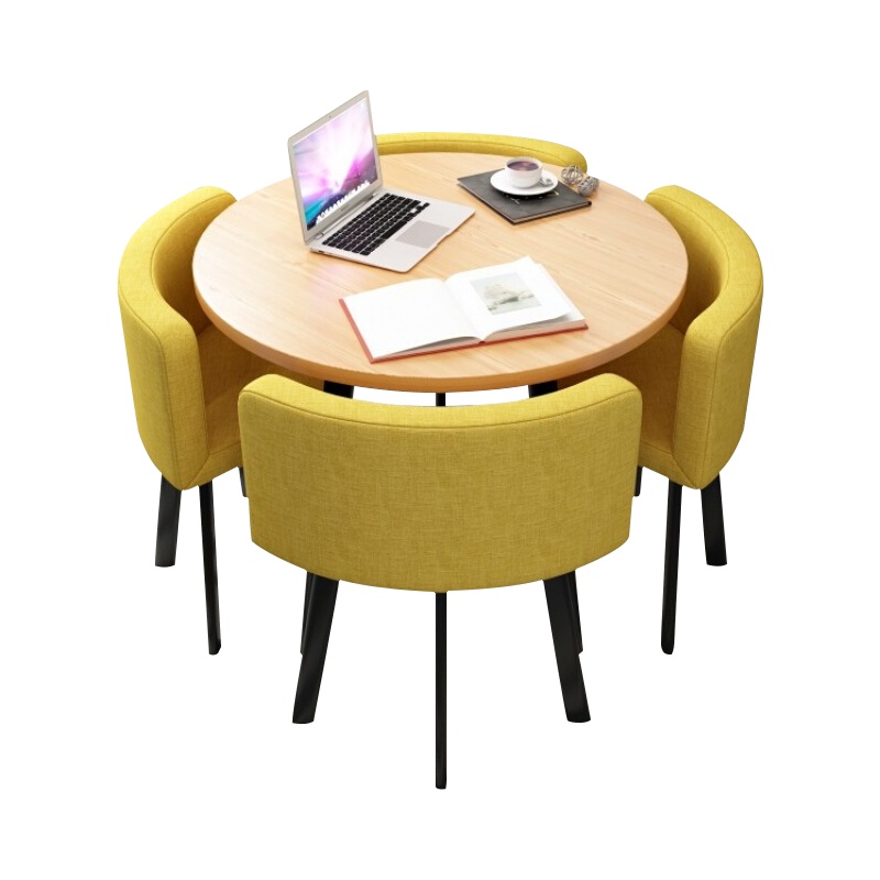 尔迈 洽谈桌椅组合小圆桌休闲桌椅店铺接待桌椅 一桌四椅+黄色(布椅)原木圆桌