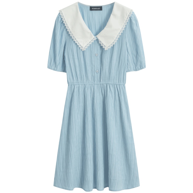 OtherMix小方领减龄连衣裙女2021年夏季新款a字裙法式短袖裙子潮