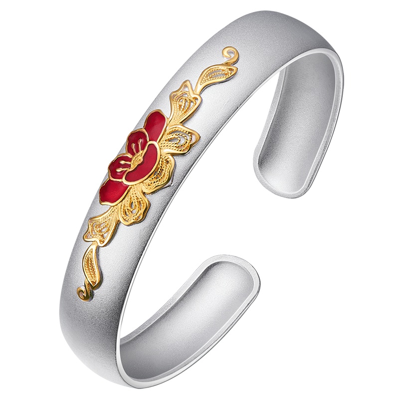 紫金黄金(ZiJin)纯银手镯女款时尚开口999足银磨砂珐琅浮雕手环