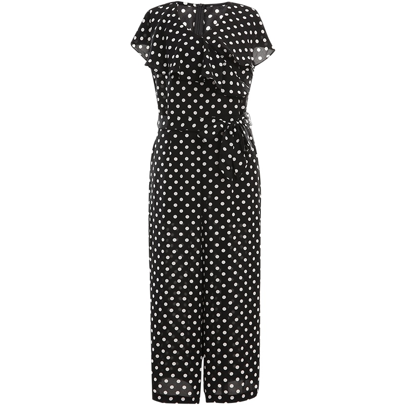 欧昵雪夏季V领拼接荷叶边短袖波点连体裤女阔腿连衣裤子