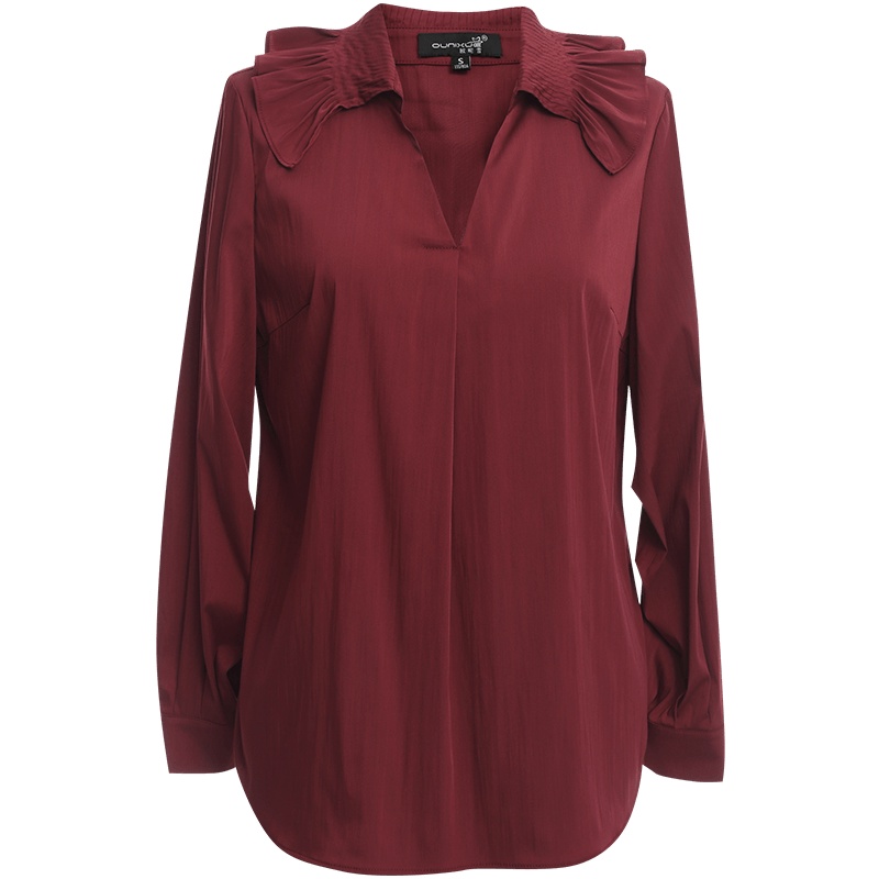 OUNIXUE欧昵雪 | [复古打条荷叶边翻领上衣]春秋优雅直筒混纺梭织收褶衬衫女