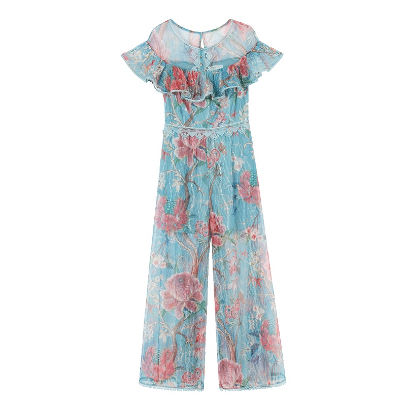 马克华菲女装2019夏新款荷叶边印花阔腿连体裤纱收腰