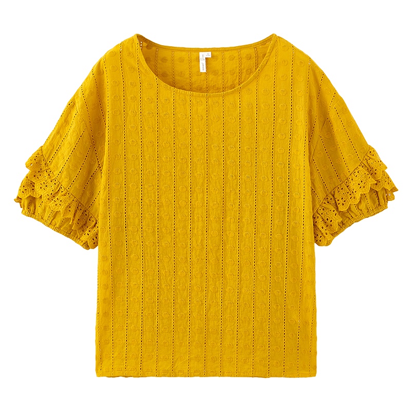 茵曼年轻文艺风2019夏装新款镂空绣花甜美姜色文艺中袖衬衫女