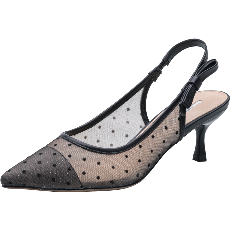 百田森2021春夏商场同款蕾丝波点高跟凉鞋女拼接蝴蝶结包头女凉鞋