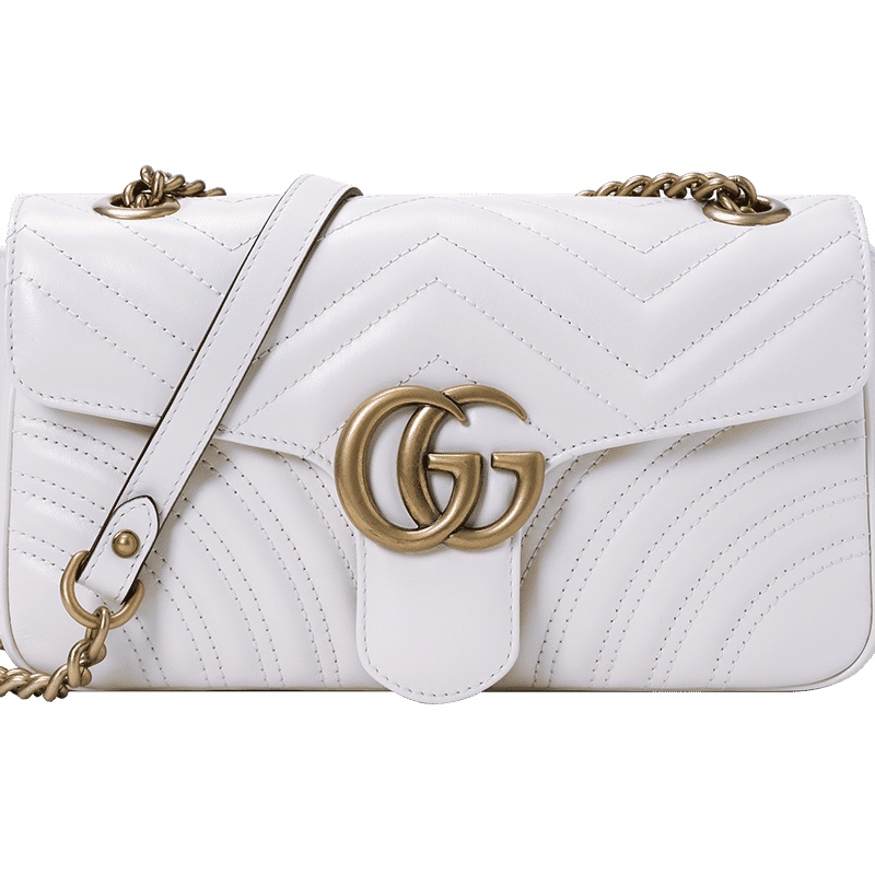 GUCCI 古驰 GG Marmont 皮拼单肩包 斜挎包 链条包小号 双G饰扣绗缝皮443497金扣