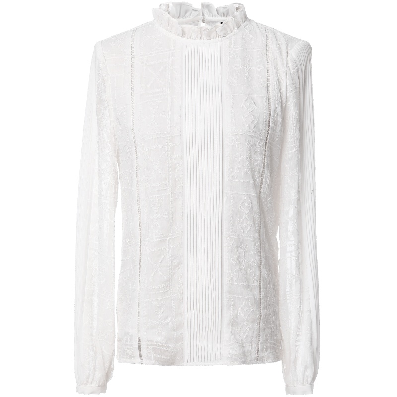 欧昵雪秋装木耳边立领压褶拼接白色绣花雪纺衫上衣女长袖
