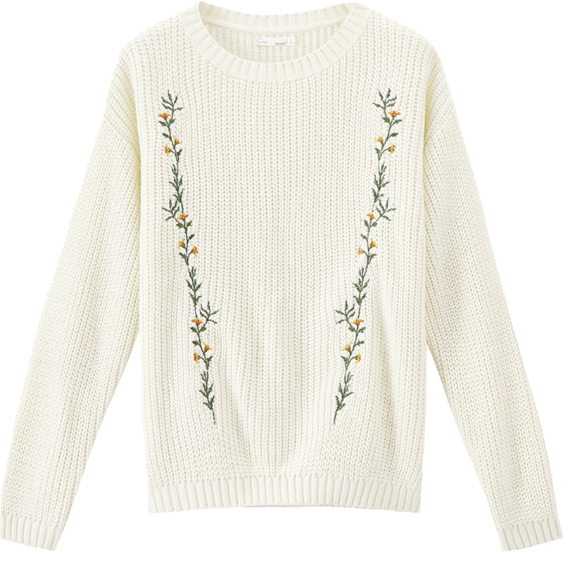 茵曼2019秋季新款文艺气质刺绣套头白色毛衣女宽松慵懒风落肩袖