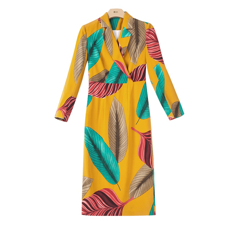 晚白2021春季新品时尚百搭修身显瘦高腰印花包臀裙职业连衣裙女