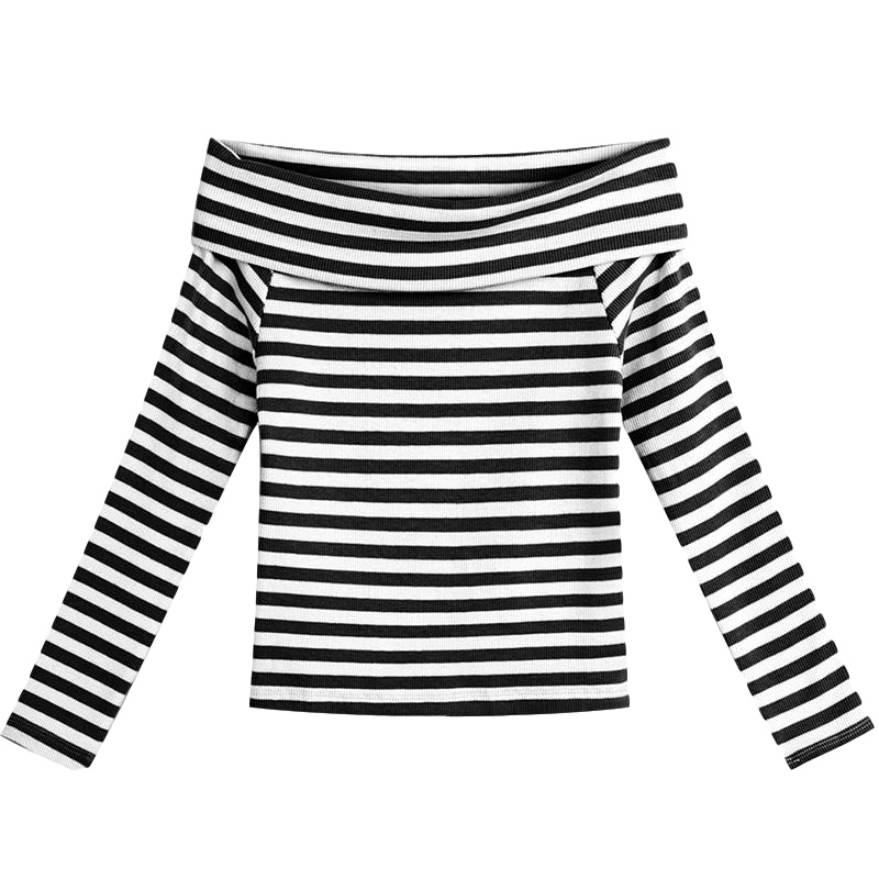 拉夏贝尔童装长袖T恤2020秋新款女童条纹一字领上衣洋气打底衫