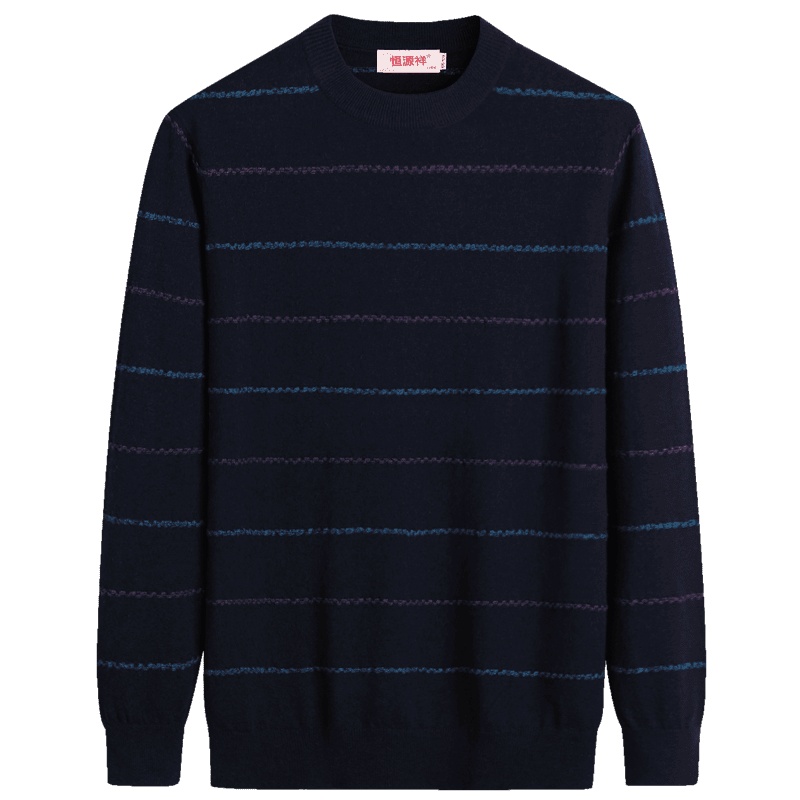 恒源祥毛衣男秋冬双色条纹长袖纯羊毛针织衫中年圆领羊毛衫