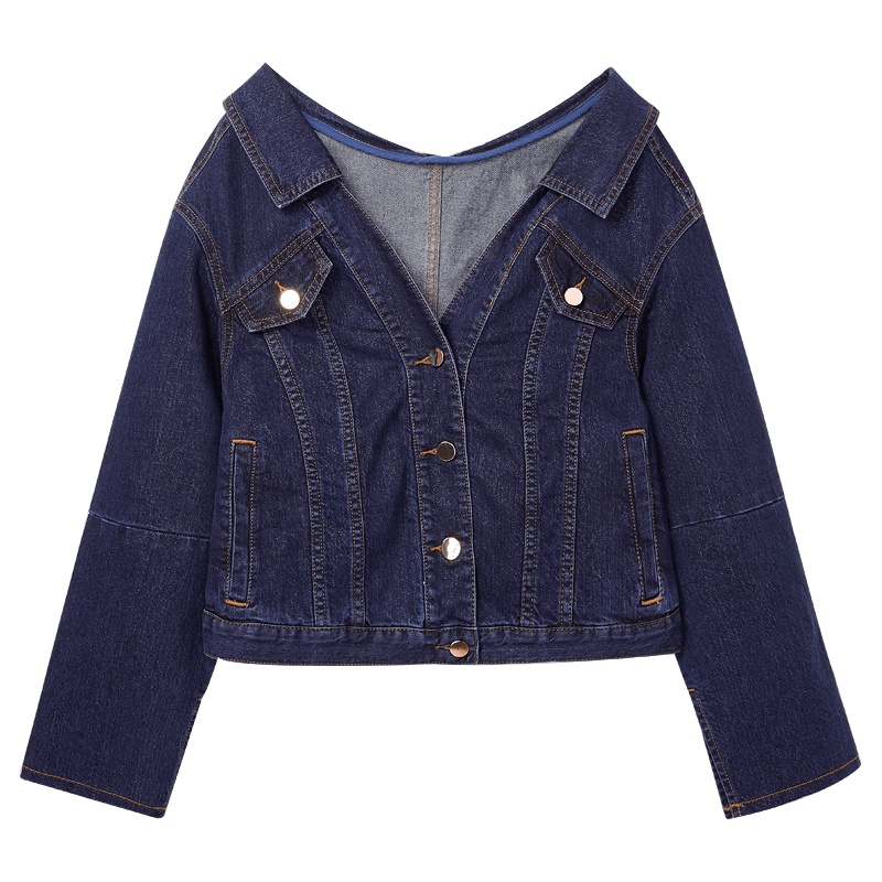 2019爱居兔秋季女装纯色大开领剪裁牛仔外套