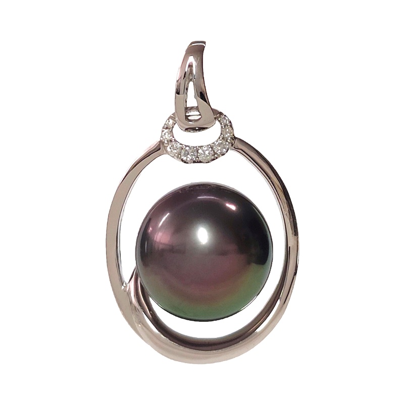 缘源珠宝 天然海水黑珠吊坠 18K金镶嵌钻石时尚气质珍珠吊坠 女款 附送证书 不含链