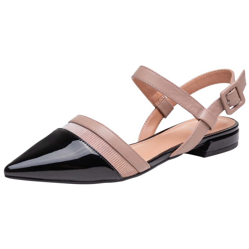 奥康女鞋夏季女士凉鞋低跟包头凉鞋女亮面透气尖头凉鞋女