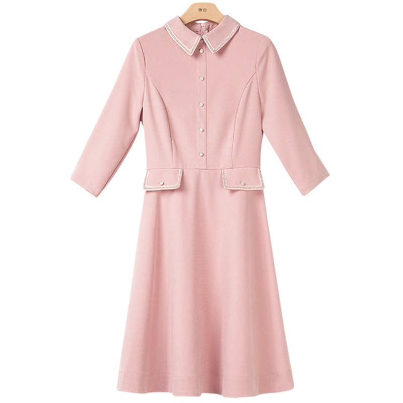 晚白2021春季新品简约纯色修身显瘦翻领淑女高腰A字时尚连衣裙女